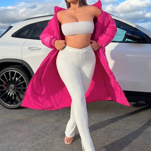 Hot Pink Preppy Womens Solid Zip Up Puffer Coat - Picture 3 of 6